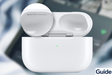 A high-resolution close-up of an open AirPods Pro charging case, with a magnified view highlighting the serial number printed on the underside of the left lid.