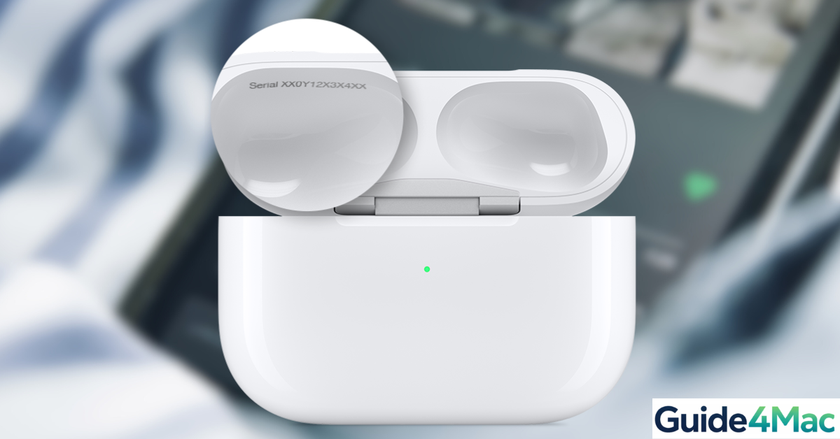 A high-resolution close-up of an open AirPods Pro charging case, with a magnified view highlighting the serial number printed on the underside of the left lid.