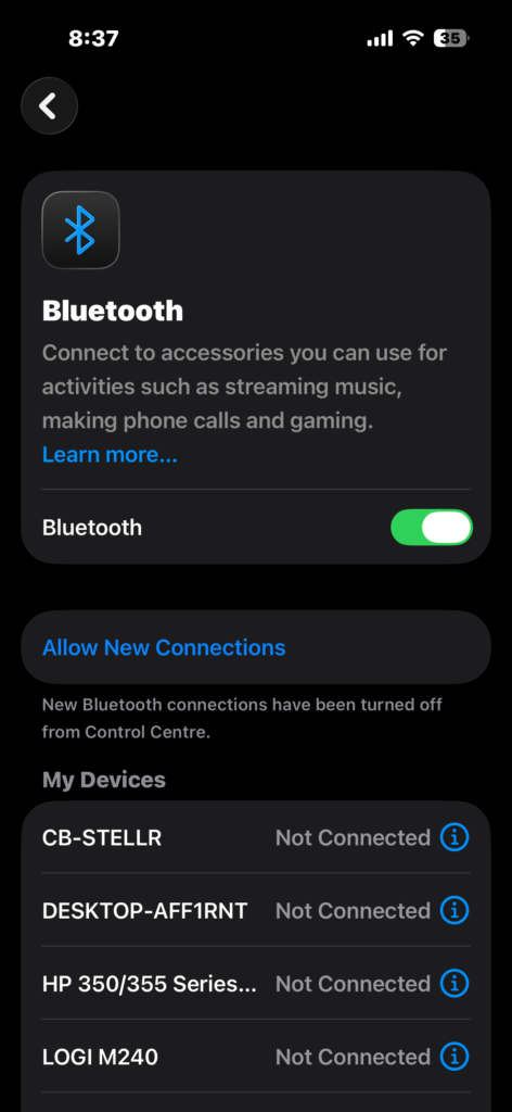 Check the list of Bluetooth devices on iPhone.