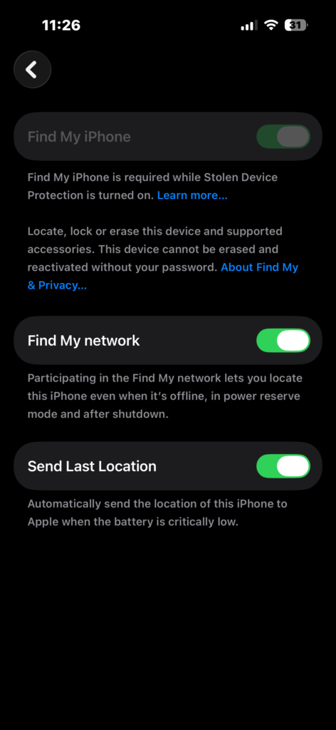Checking if Send Last Location is enabled in Find My iPhone settings.