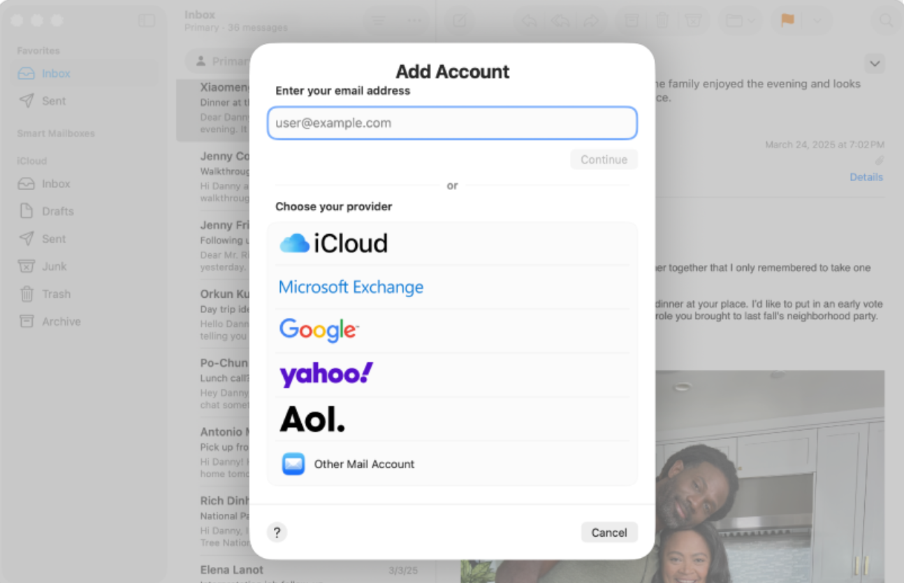 Choose email provider in Add Account window