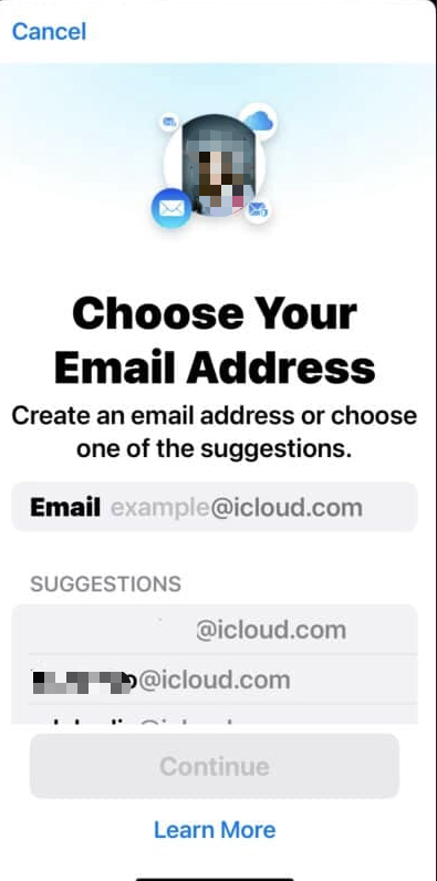 screenshot of the iPhone iCloud settings menu highlighting the 'Mail' toggle and the 'Continue' button for a new iCloud email address.