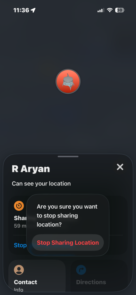 Confirming the Stop Sharing Location option in Find My.