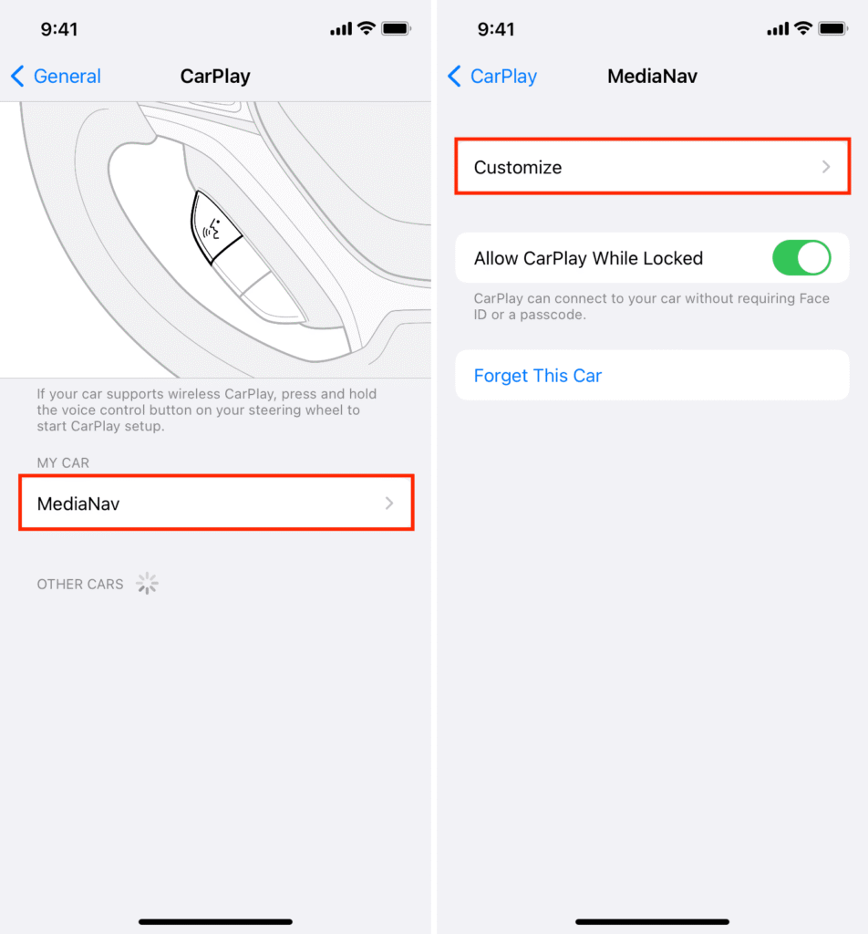 iPhone CarPlay settings showing available cars