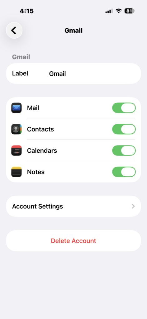 Delete Gmail account from iPhone Mail settings