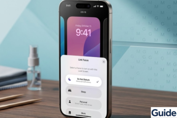 Screenshot showing how to use the iOS 18 'Link Focus' feature on an iPhone to silence notifications, with specialized wooden cleaning tools on a desk, illustrating a complete device maintenance workflow. The 'Do Not Disturb' focus is selected in the UI.