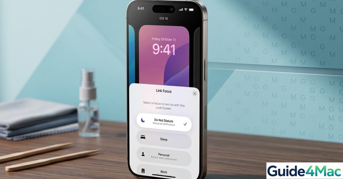 Screenshot showing how to use the iOS 18 'Link Focus' feature on an iPhone to silence notifications, with specialized wooden cleaning tools on a desk, illustrating a complete device maintenance workflow. The 'Do Not Disturb' focus is selected in the UI.