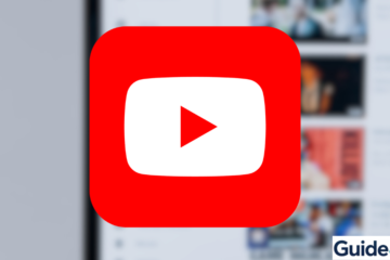 A MacBook Pro showing the YouTube interface and a floating YouTube logo icon, connected via a fiber-optic cable to an iPhone displaying system 'About' information. On the desk is a Guide4Mac Precision Pick, illustrating the setup for installing the YouTube app on a Mac while maintaining hardware connectivity and cleanliness