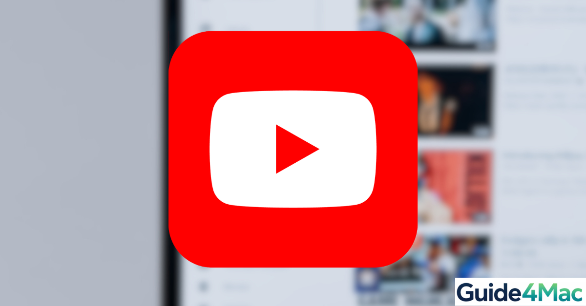 A MacBook Pro showing the YouTube interface and a floating YouTube logo icon, connected via a fiber-optic cable to an iPhone displaying system 'About' information. On the desk is a Guide4Mac Precision Pick, illustrating the setup for installing the YouTube app on a Mac while maintaining hardware connectivity and cleanliness