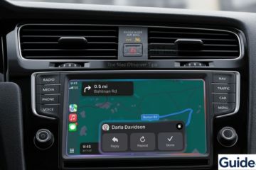 A 3D render of an iPhone 17 Pro running iOS 26 displaying an active Apple CarPlay dashboard with navigation and a prominent text notification from Darla Davidson, demonstrating the focus of the Mac Observer troubleshooting guide.