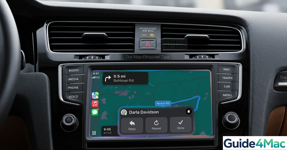A 3D render of an iPhone 17 Pro running iOS 26 displaying an active Apple CarPlay dashboard with navigation and a prominent text notification from Darla Davidson, demonstrating the focus of the Mac Observer troubleshooting guide.