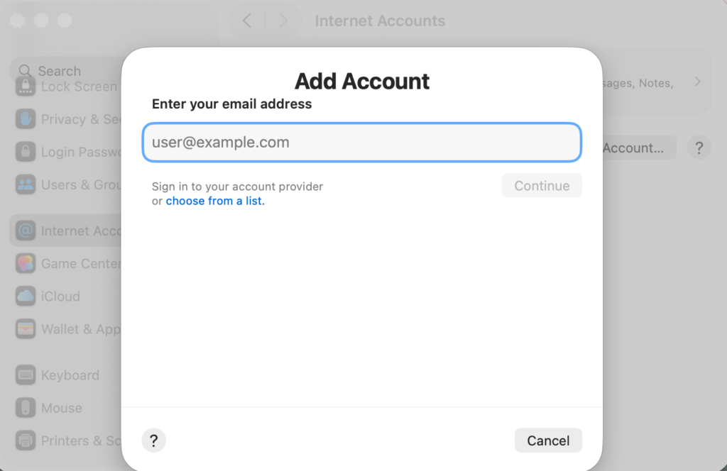 Enter Gmail address to add account in Mail settings.