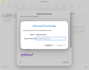 Enter email in Microsoft Exchange setup window
