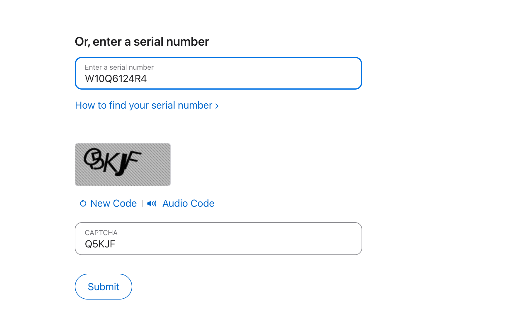 Entering a Mac serial number and CAPTCHA on Apple’s support page.