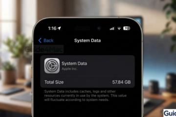 Close-up of an iPhone 17 Pro showing a massive 57.84 GB of System Data storage usage on a blurred modern desk background.