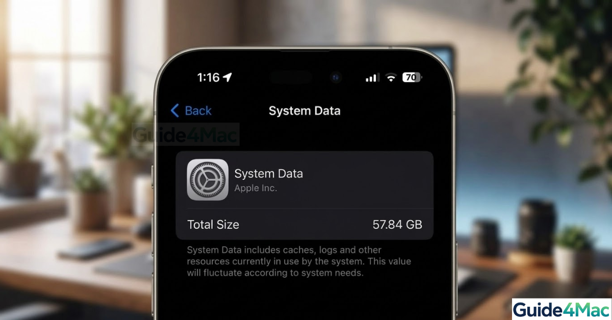 Close-up of an iPhone 17 Pro showing a massive 57.84 GB of System Data storage usage on a blurred modern desk background.