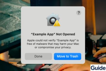 macOS system dialog warning that an app cannot be verified for malware, with Move to Trash and Done options, featured on Guide4Mac.