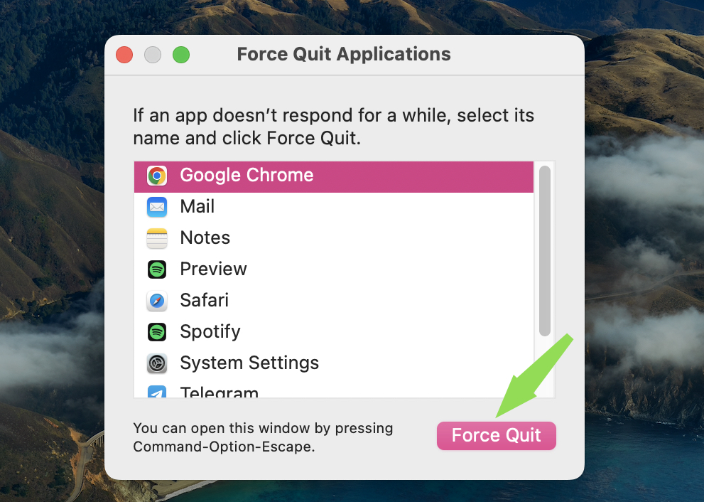 The Force Quit Applications window on macOS showing a list of open apps like Chrome and Safari with the Force Quit button highlighted for a Guide4Mac troubleshooting tutorial.