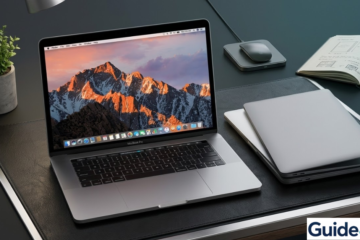 A side-by-side comparison shot of three MacBook Pros (Silver and Space Gray) resting on a minimalist desk with blue-green Guide4Mac lighting, used as a guide to choosing Mac colors.