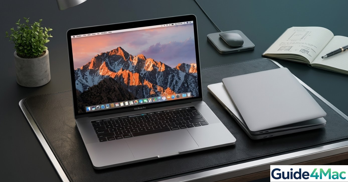 A side-by-side comparison shot of three MacBook Pros (Silver and Space Gray) resting on a minimalist desk with blue-green Guide4Mac lighting, used as a guide to choosing Mac colors.