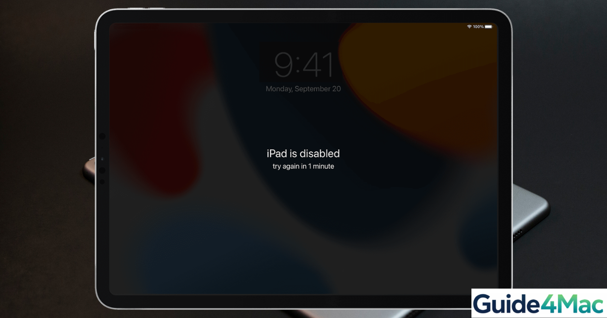 An iPad Pro screen displaying the "iPad is disabled" message next to a laptop showing the recovery mode restore screen.