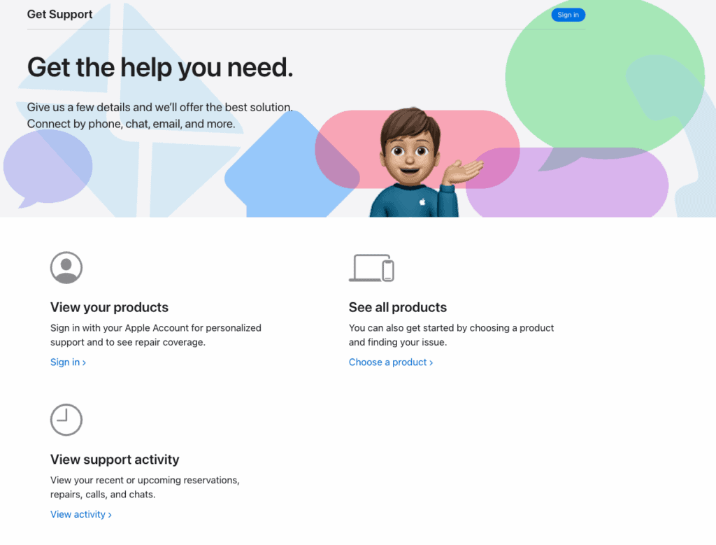 Apple Support page showing options to view products and get help.