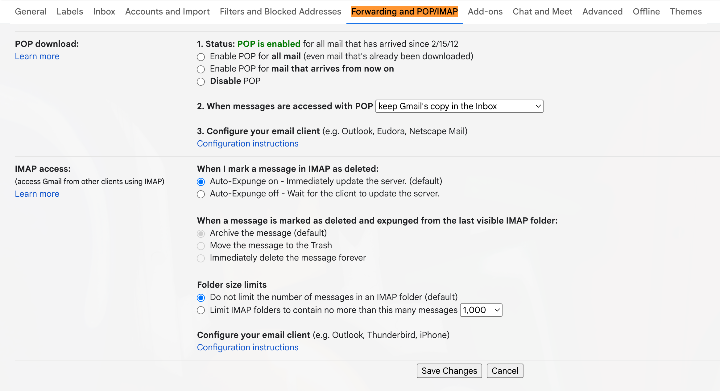 Gmail settings showing IMAP enabled