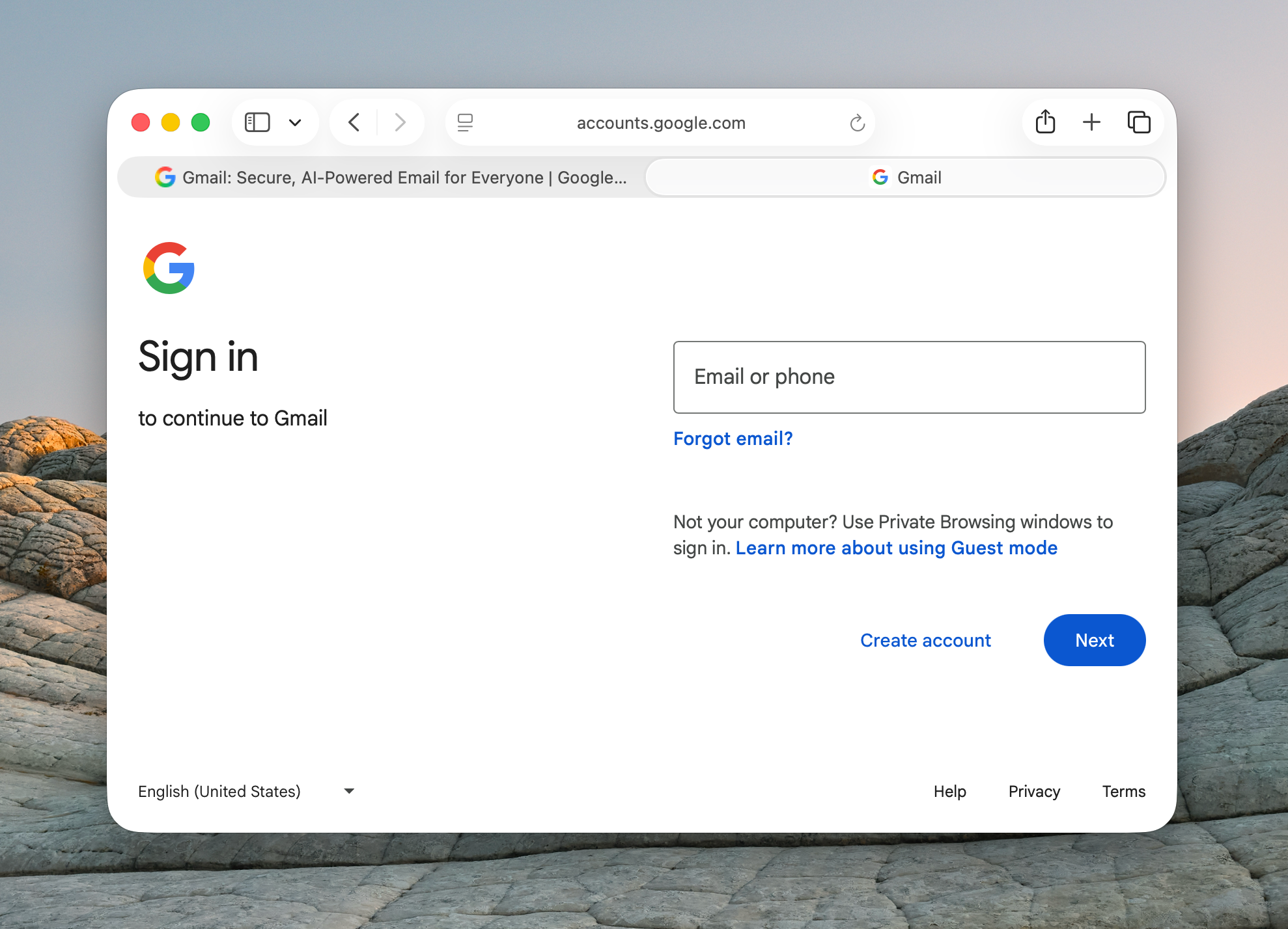 Gmail sign-in page open in a browser on Mac