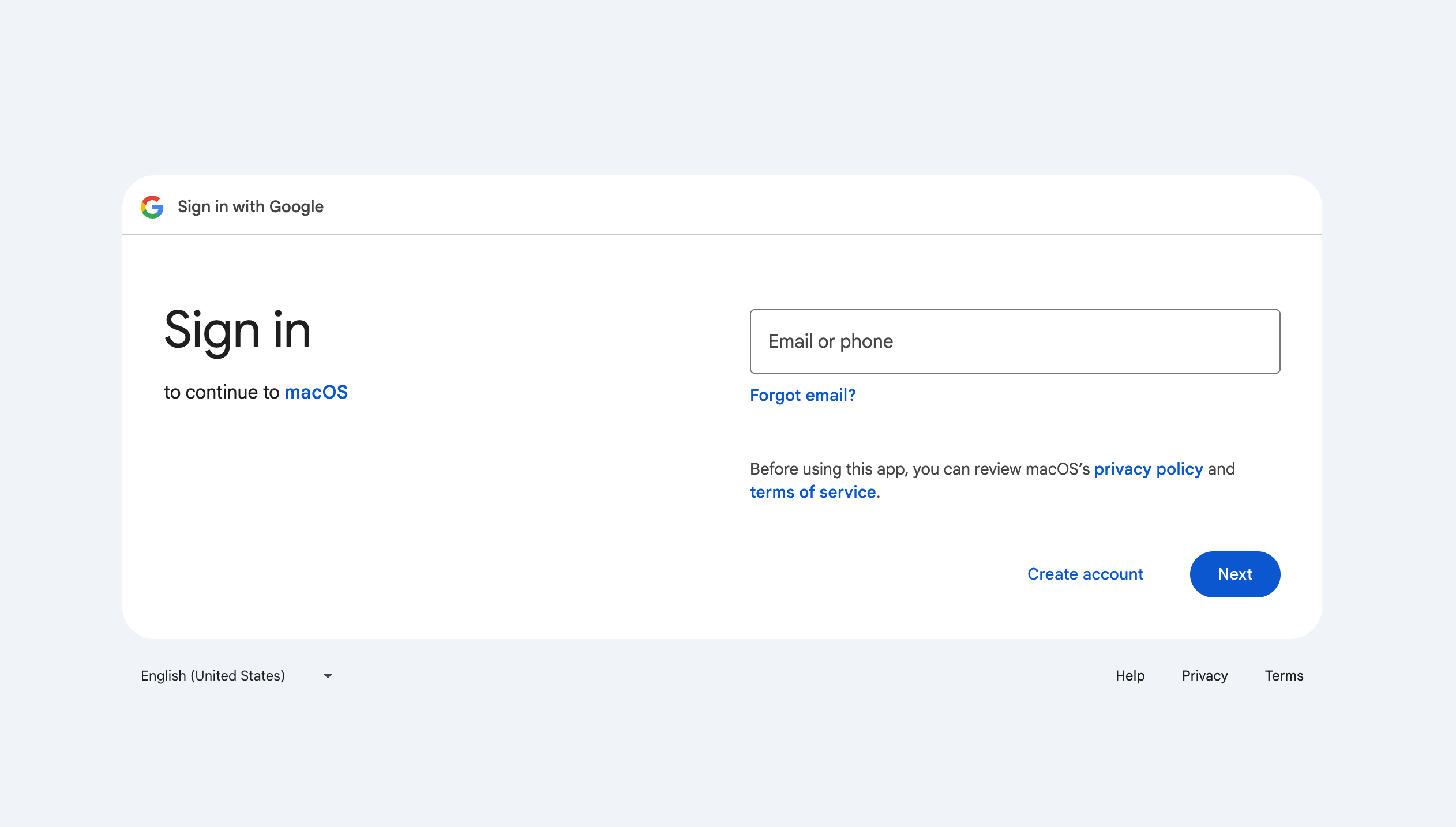 Google sign-in page in macOS Mail setup