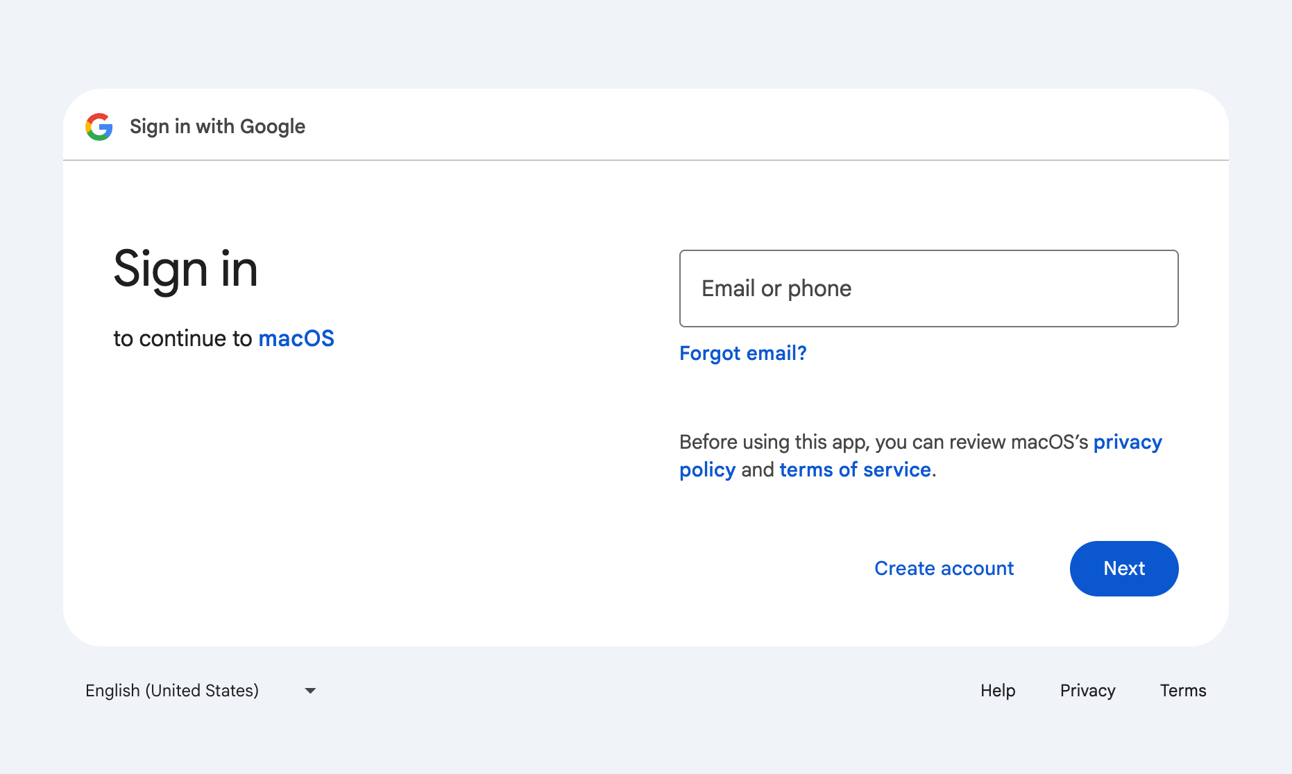 Google sign-in screen for macOS Mail setup