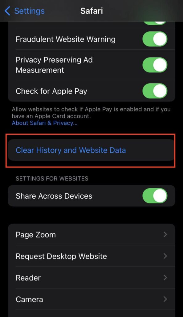 iPhone Safari settings screen with a red box highlighting the 'Clear History and Website Data' button to remove potential malware traces.