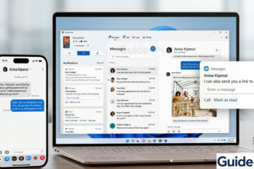 A photorealistic render of an iPhone 17 Pro linked to a Windows 11 laptop, demonstrating the Microsoft Phone Link interface with a message from Anisa Kipenzi, for an integration guide on Guide4mac