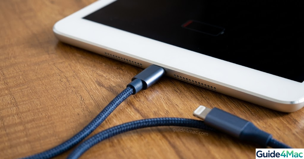 White iPad connected to a blue braided charging cable on a wooden desk, showing a low battery icon to troubleshoot a force restart.