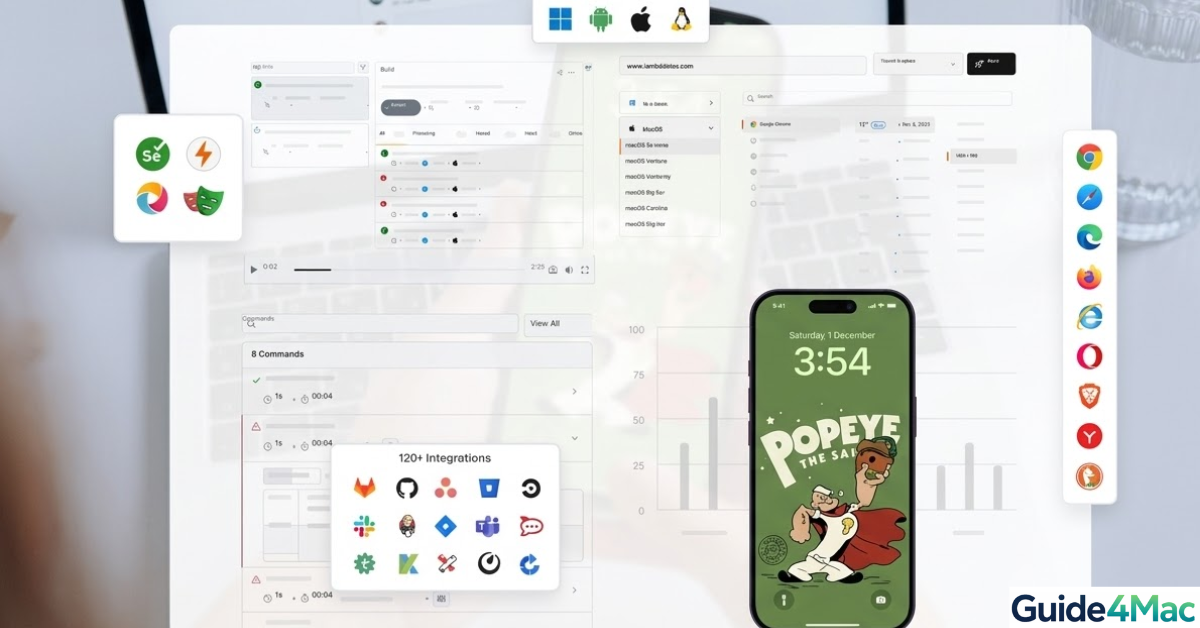 This custom-generated image combines a professional development dashboard environment (macOS/Web/Mobile integrations) with a localized iPhone preview featuring a custom "Popeye" theme. It visually represents the "best of both worlds" for developers using Windows-based workarounds (like VMs or Cloud Macs) to build and test iOS applications.