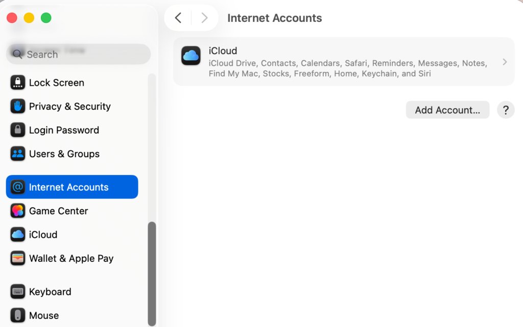 Internet Accounts settings open on Mac