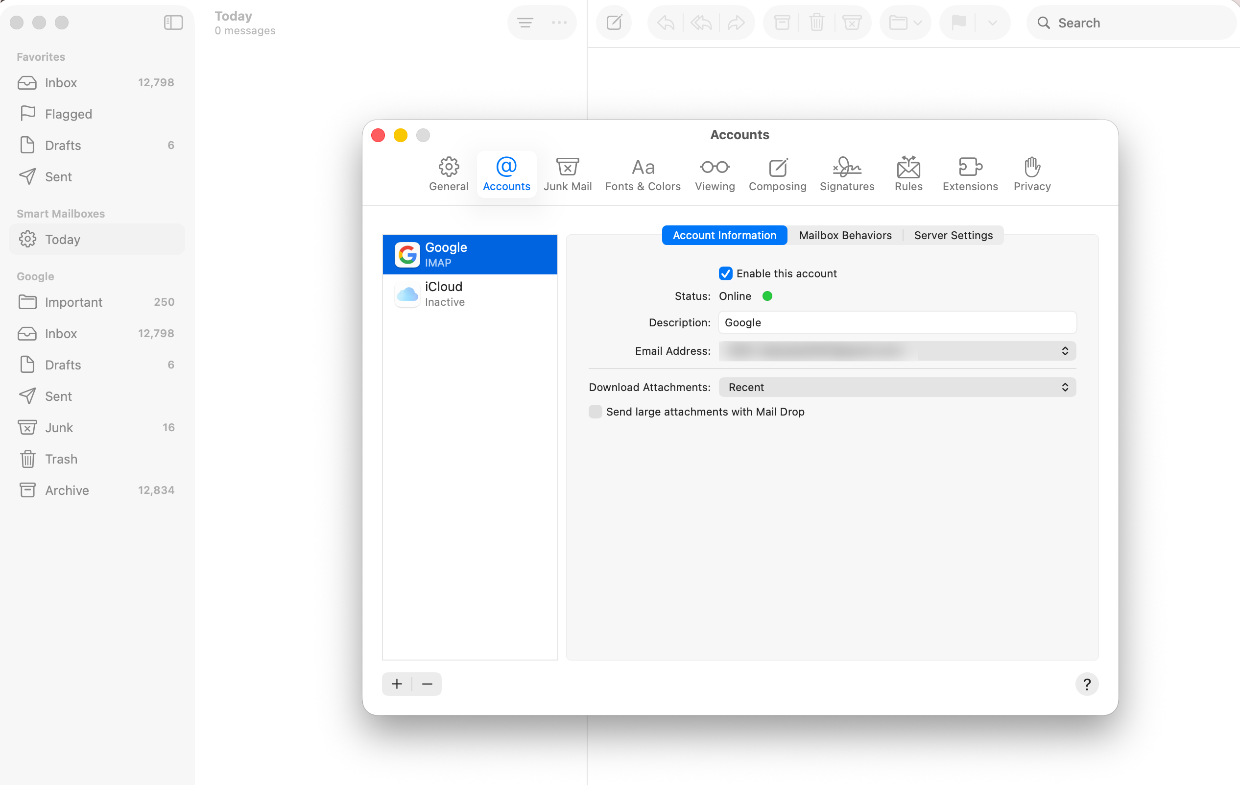 Mac Mail Accounts settings with Gmail IMAP enabled