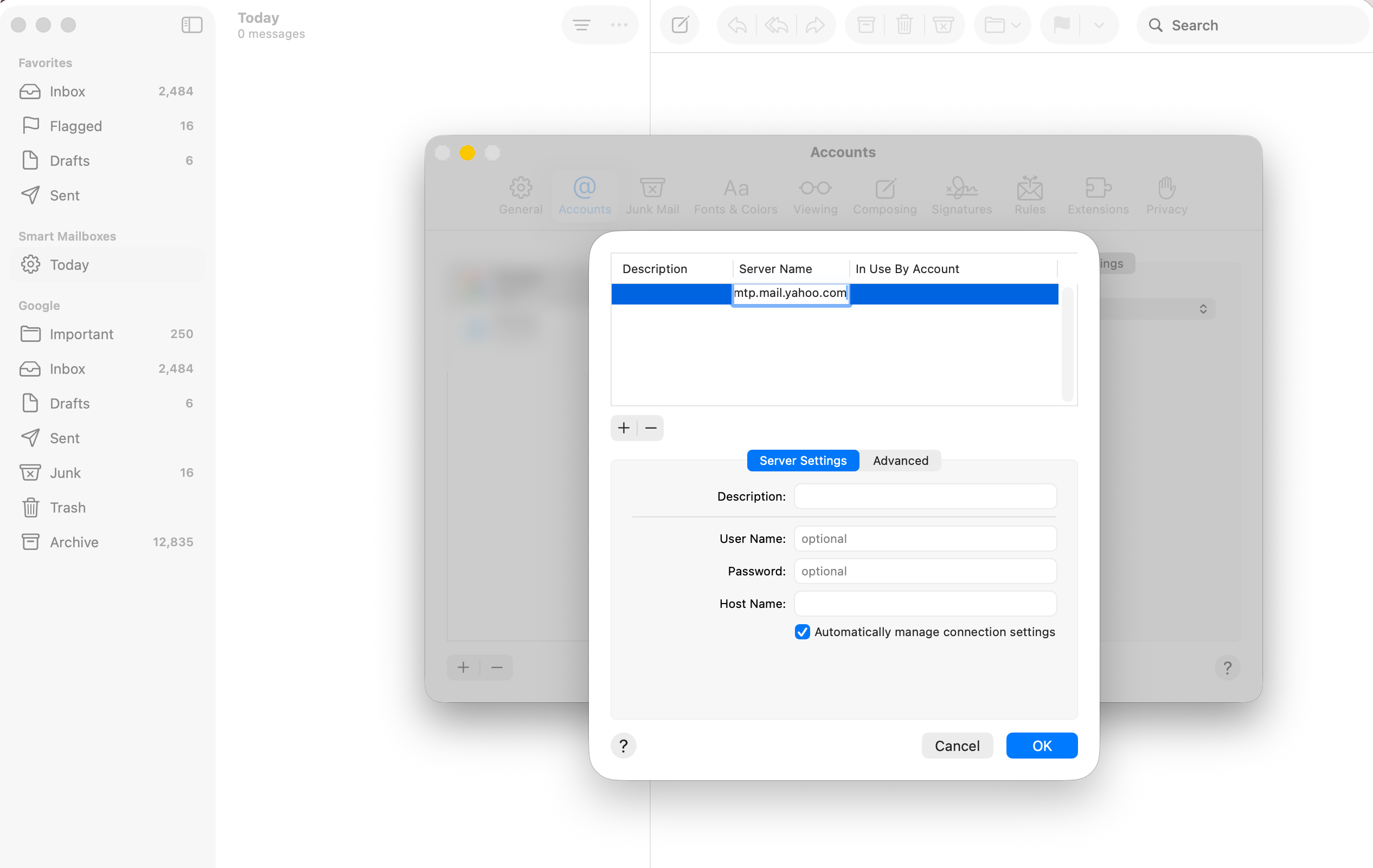 Mac Mail Accounts settings with Yahoo IMAP enabled