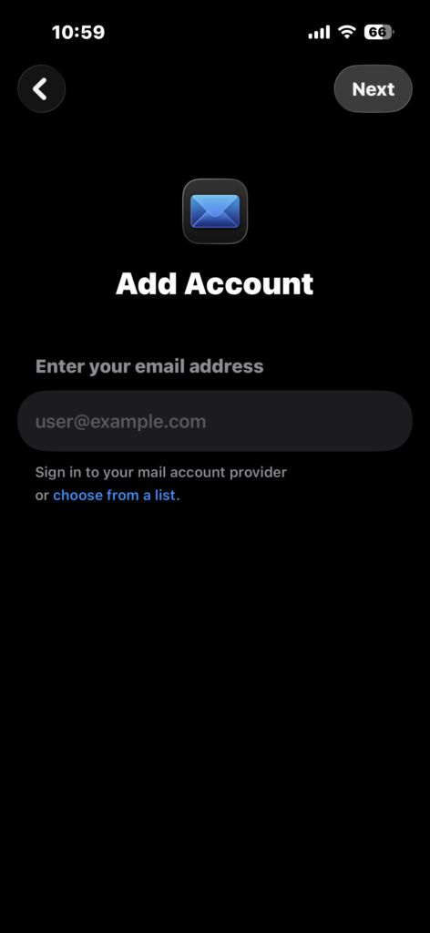 Mail add account screen