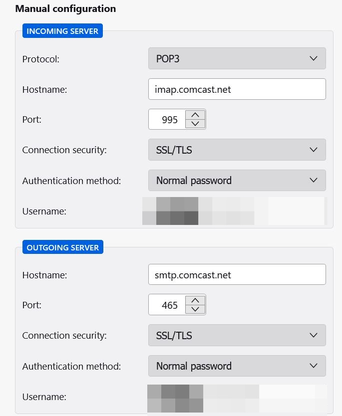 Manual POP3:SMTP server settings with SSL configuration