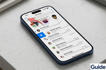 iPhone display showing a stuck messages thread with a red pointer aiming for the unresponsive 'Edit' button for a Guide4Mac tutorial.