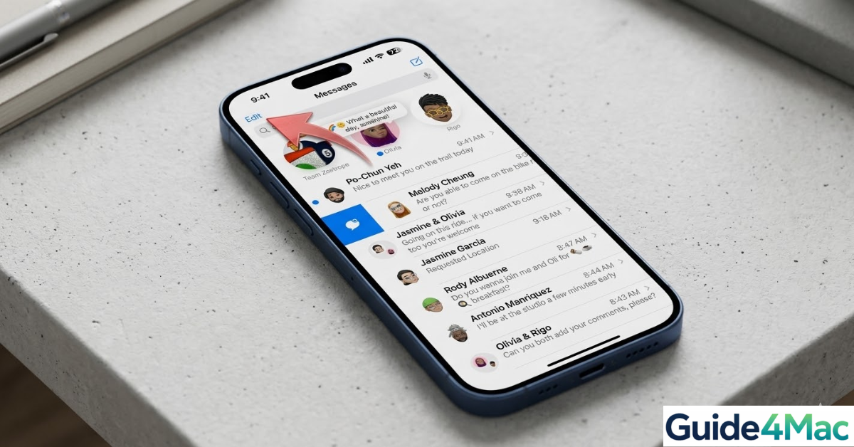 iPhone display showing a stuck messages thread with a red pointer aiming for the unresponsive 'Edit' button for a Guide4Mac tutorial.
