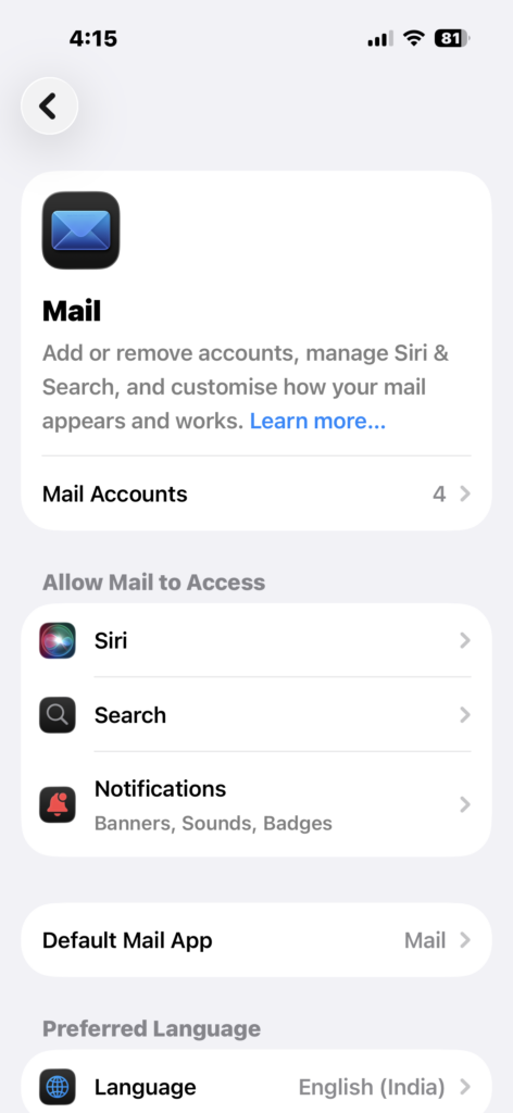 Open Mail Accounts in iPhone Settings