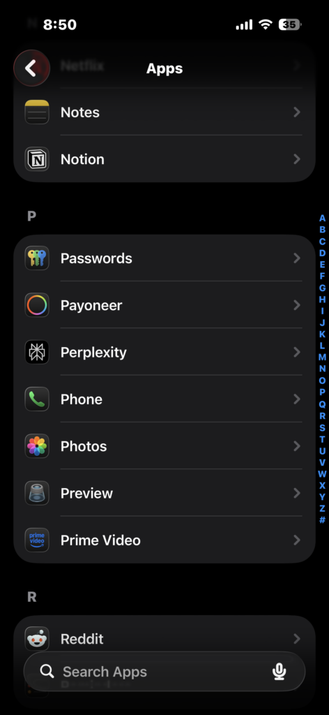 Open the Apps section in iPhone Settings