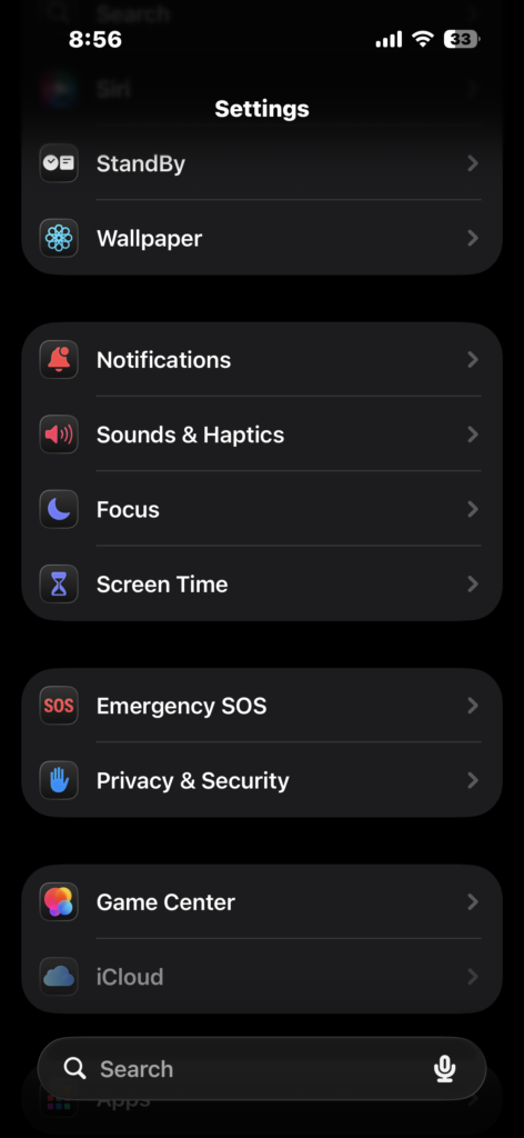 Open Sounds & Haptics in iPhone Settings
