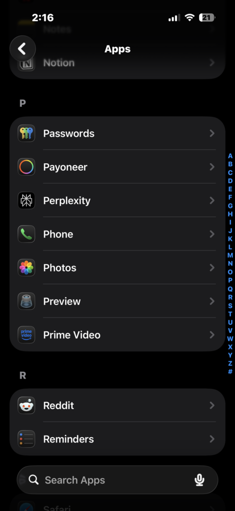 Open the Apps section in iPhone Settings