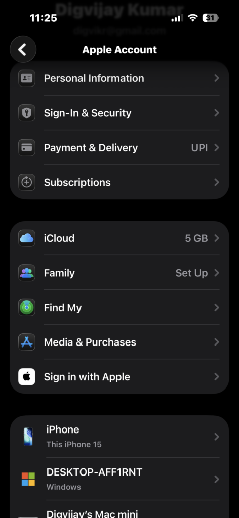 Opening Apple ID settings from the top of the Settings app.