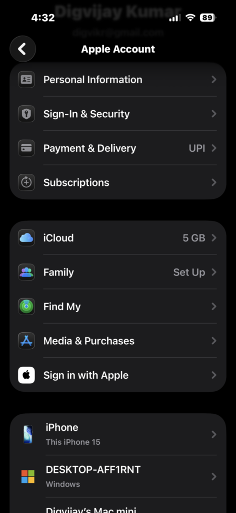 Opening Apple ID settings on iPhone.