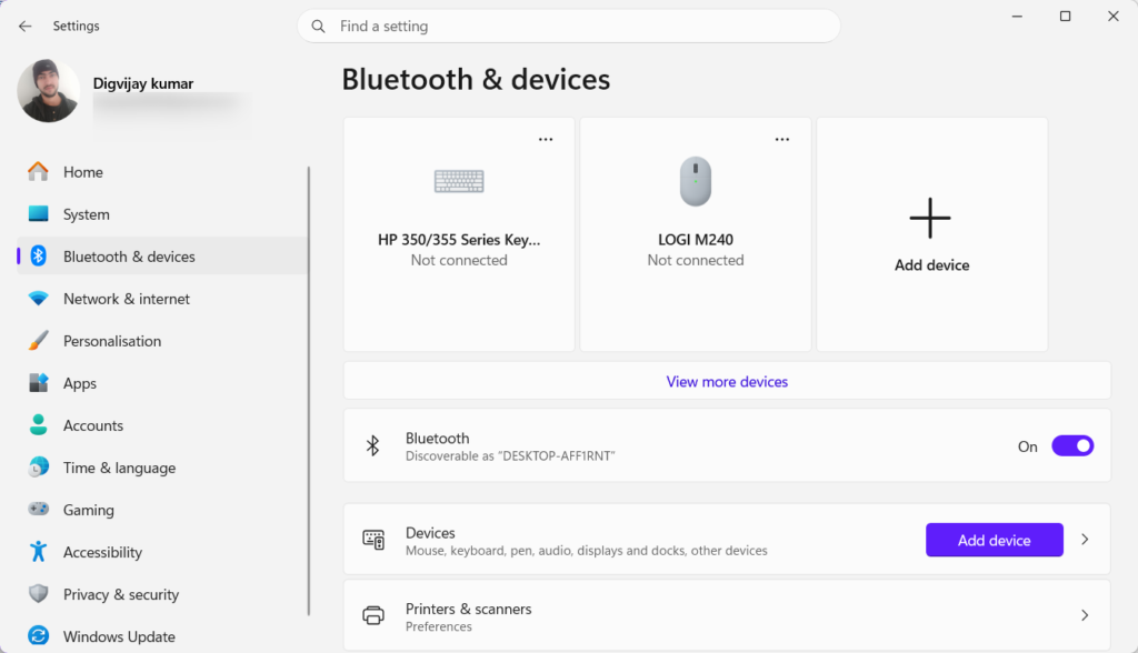 Opening Bluetooth & devices settings on Windows to add a new device.