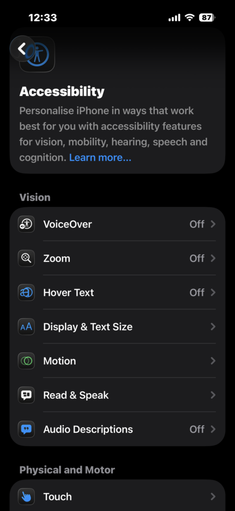Opening Display and Text Size in Accessibility settings