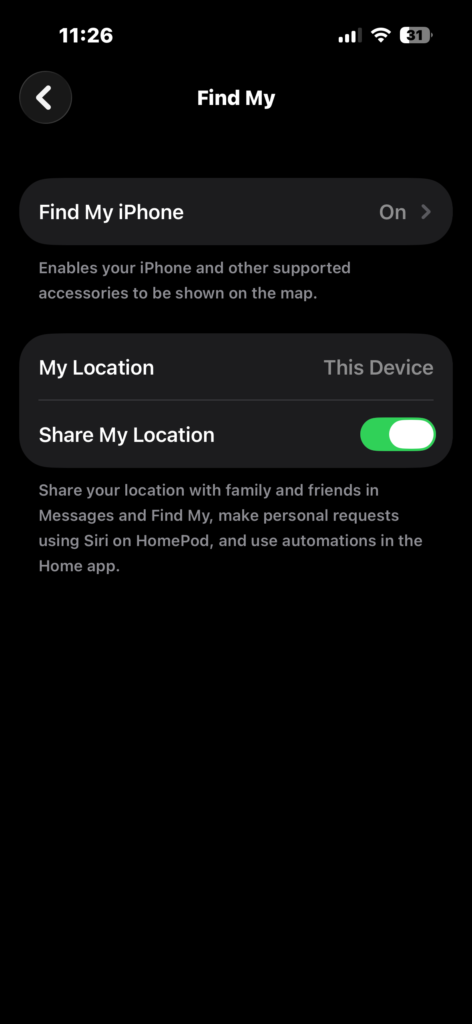 Opening Find My settings on iPhone.